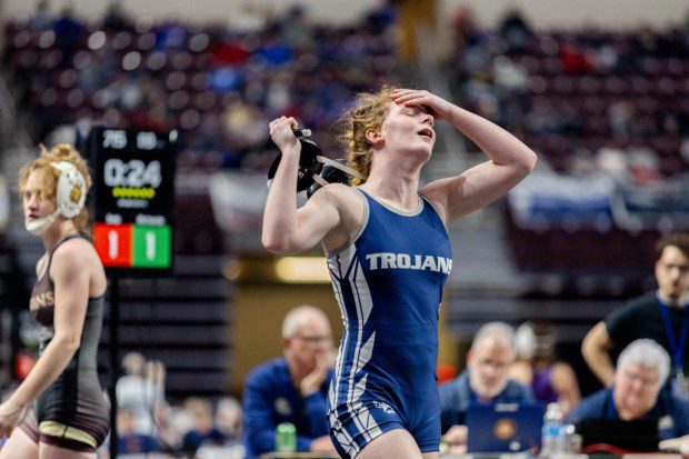 Pottstown's Savannah Richards walks away exasperated after clinching a madel with an ultimate rideout win over Wyoming Valley West's Isabelle Seip. (Nate Heckenberger - For MediaNews Group)