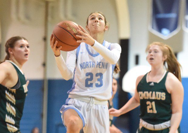 North Penn's Liv Stone, 23, goes up for a shot against Emmaus during their PIAA-6A first round game on Friday, March 8, 2024. (Mike Cabrey/MediaNews Group)