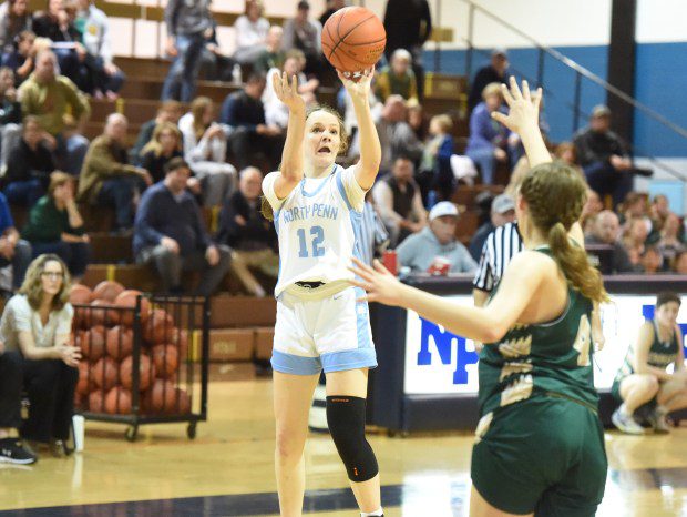 North Penn's Lily Brown, 12, shoots against Emmaus during their PIAA-6A first round game on Friday, March 8, 2024. (Mike Cabrey/MediaNews Group)