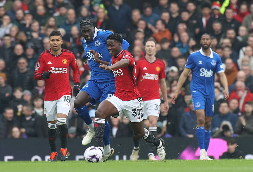 Manchester United's Kobbie Mainoo against Everton