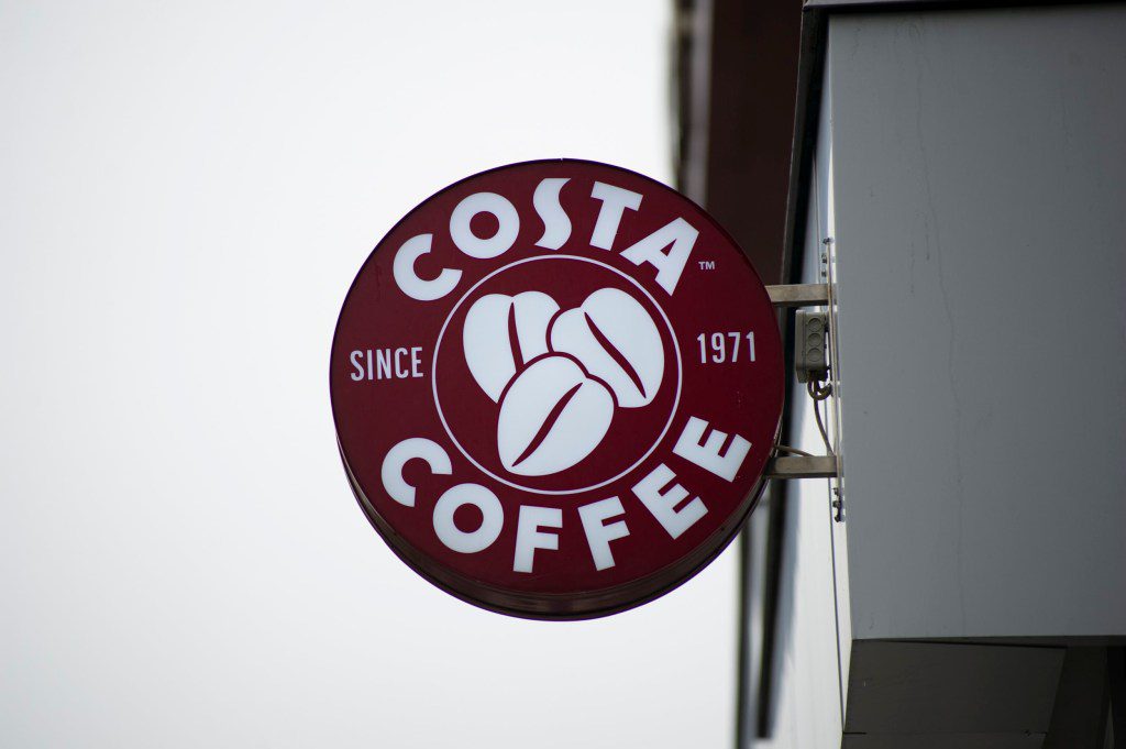 Costa Coffee logo is seen on September 2, 2020 in Warsaw, Poland. (Photo by Aleksander Kalka/NurPhoto via Getty Images)