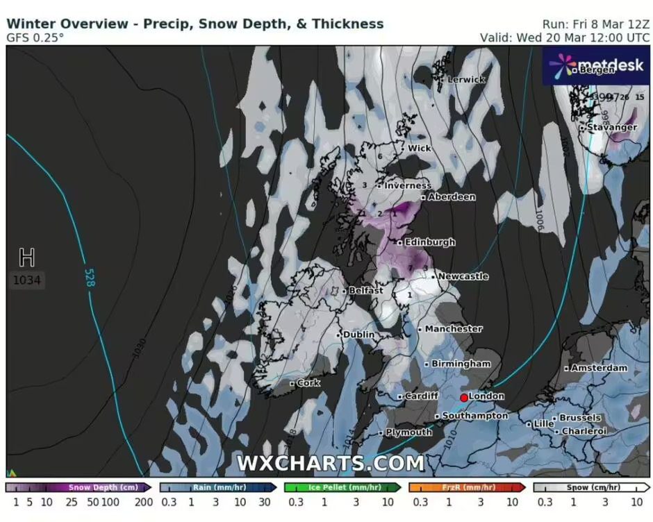 A weather map showing where snowfall is excpted.