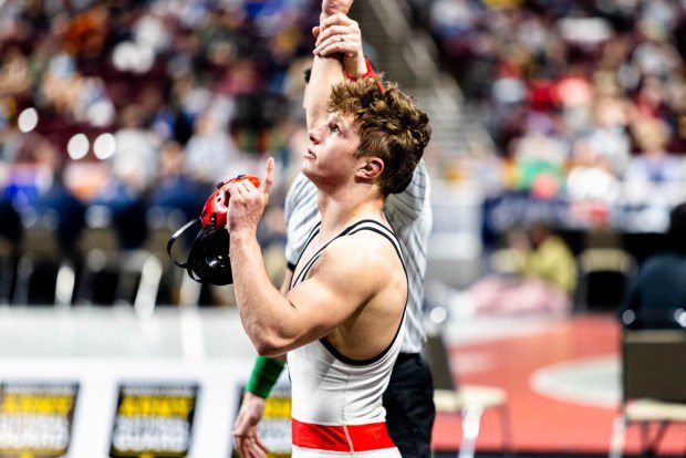 Boyertown's Gavin Sheridan gets his hand raised for the final time after a win in the 133-pound fifth-place match.  (Nate Heckenberger - For MediaNews Group)