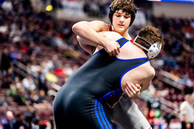 Owen J. Roberts's Dean Bechtold locks up with Nazareth's Sean Kinney in the 285-pound final. (Nate Heckenberger - For MediaNews Group)