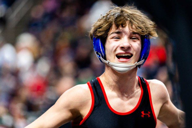 Hatboro-Horsham's Dom Morrison celebrates after winning the Class 3A 107-pound state title. (Nate Heckenberger - For MediaNews Group)