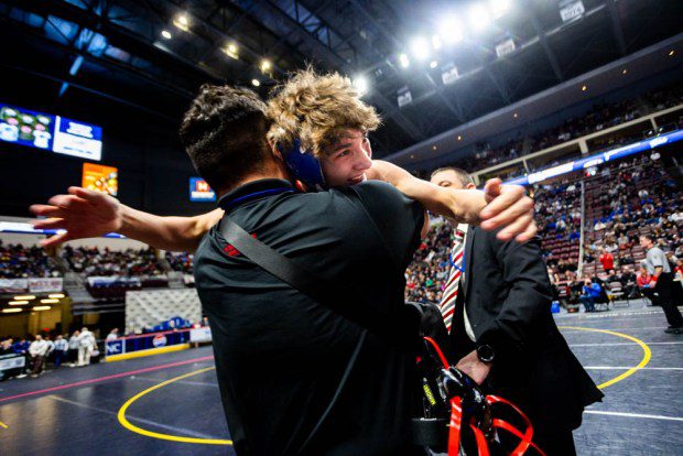 Hatboro-Horsham's Dom Morrison celebrates after winning the Class 3A 107-pound state title. (Nate Heckenberger - For MediaNews Group)