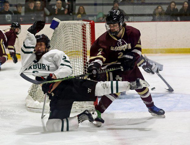 Algonquin's Alex Cutler, right, hooks Duxbury's Zoey Madigan for a penalty during state tournament girls hockey action Saturday. (Staff Photo/Stuart Cahill/Boston Herald)