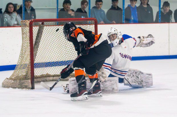 Niko Tortola of Woburn scores a goal against Tewksbury in state tournament play Saturday. Tewksbury earned a 6-4 victory. (James Thomas photo)