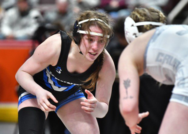 Kennett's Haylie Jaffe squares off against Bishop McCort's Jordyn Fouse (BILL RUDIVK for MediaNews Group)