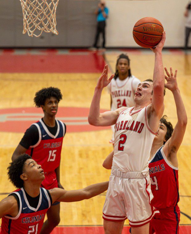 Parkland's Nick Coval looks to score against Plymouth-Whitemarsh's Josh Harris during a PIAA Class 6A first round game Saturday, March 9, 2024, at Parkland High School. (April Gamiz/The Morning Call)