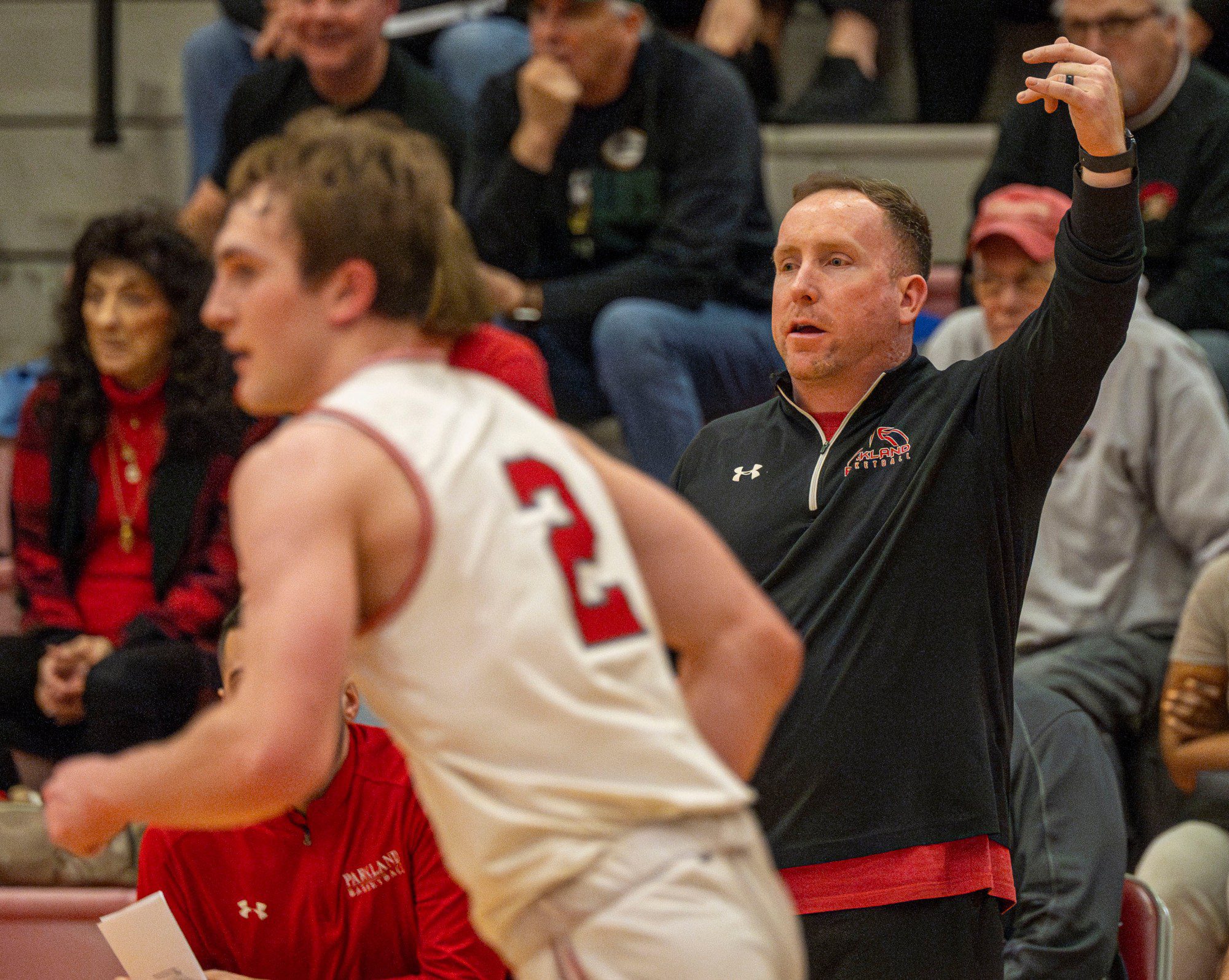 Parkland's head coach Eddie Ohlson coaches against Plymouth-Whitemarsh during a PIAA Class 6A first round game Saturday, March 9, 2024, at Parkland High School. (April Gamiz/The Morning Call)