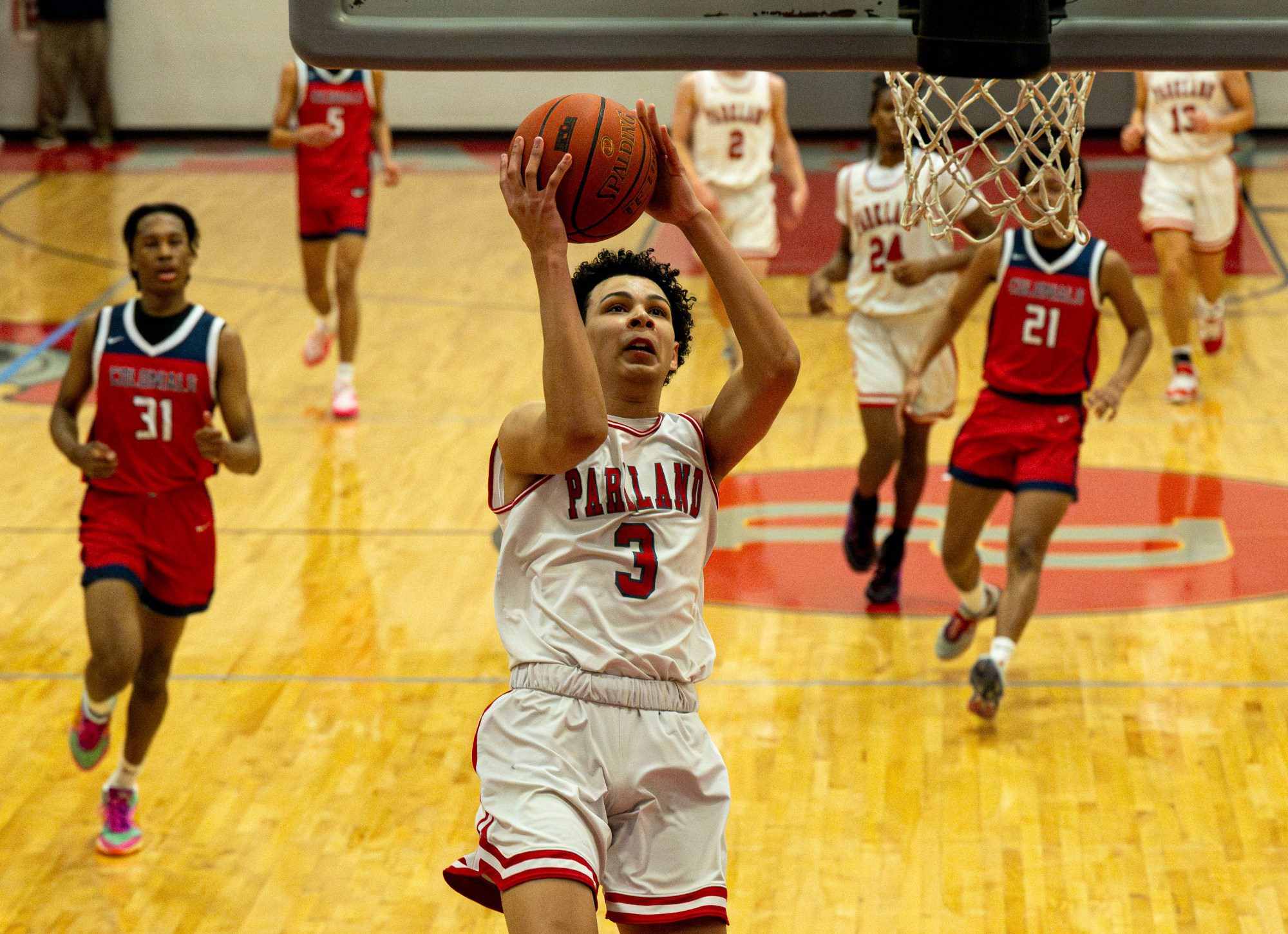 Parkland's Jayden Thomas looks to score against Plymouth-Whitemarsh during a PIAA Class 6A first round game Saturday, March 9, 2024, at Parkland High School. (April Gamiz/The Morning Call)