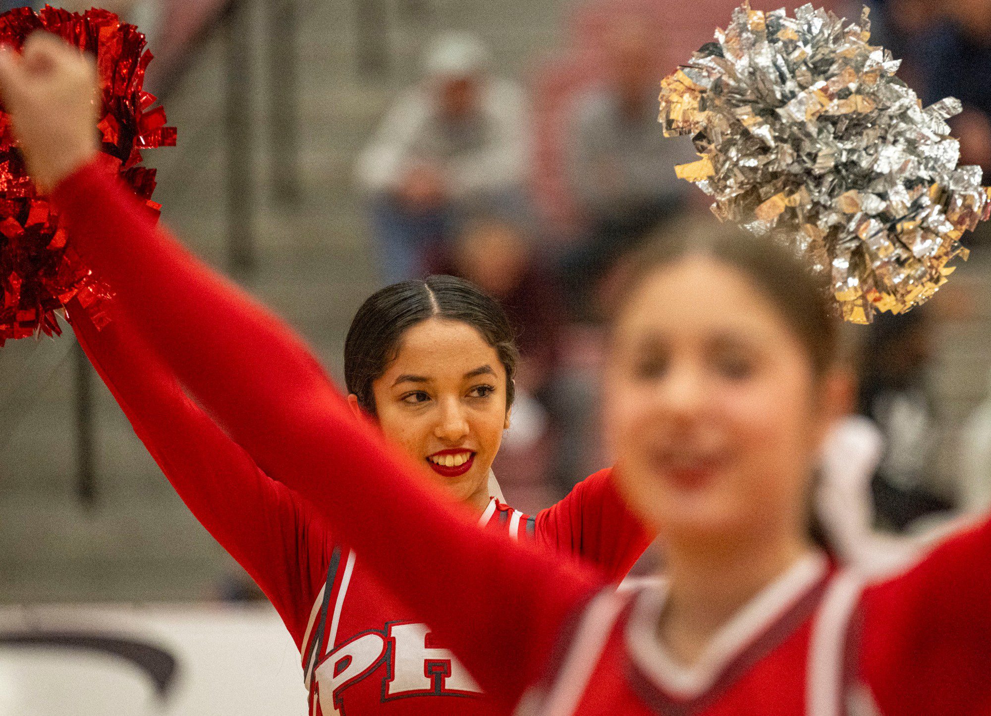 Parkland's cheerleaders are seen against Plymouth-Whitemarsh during a PIAA Class 6A first round game Saturday, March 9, 2024, at Parkland High School. (April Gamiz/The Morning Call)