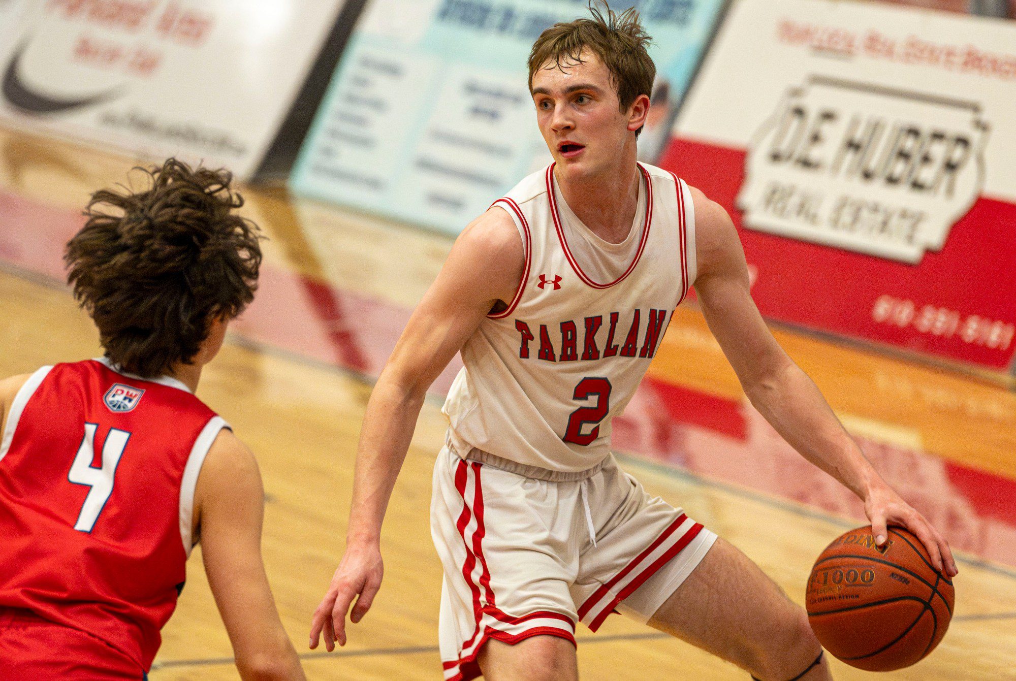 Parkland's Nick Coval drives up the court against Plymouth-Whitemarsh's Jack Hayes during a PIAA Class 6A first round game Saturday, March 9, 2024, at Parkland High School. (April Gamiz/The Morning Call)