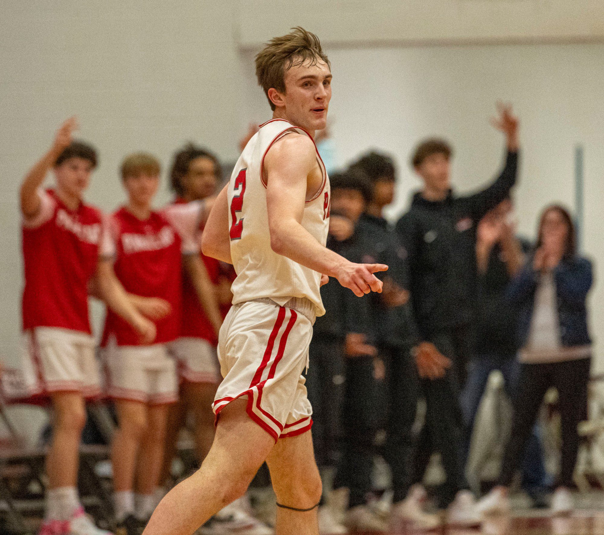 Parkland's Nick Coval reacts to scoring against Plymouth-Whitemarsh during a PIAA Class 6A first round game Saturday, March 9, 2024, at Parkland High School. (April Gamiz/The Morning Call)