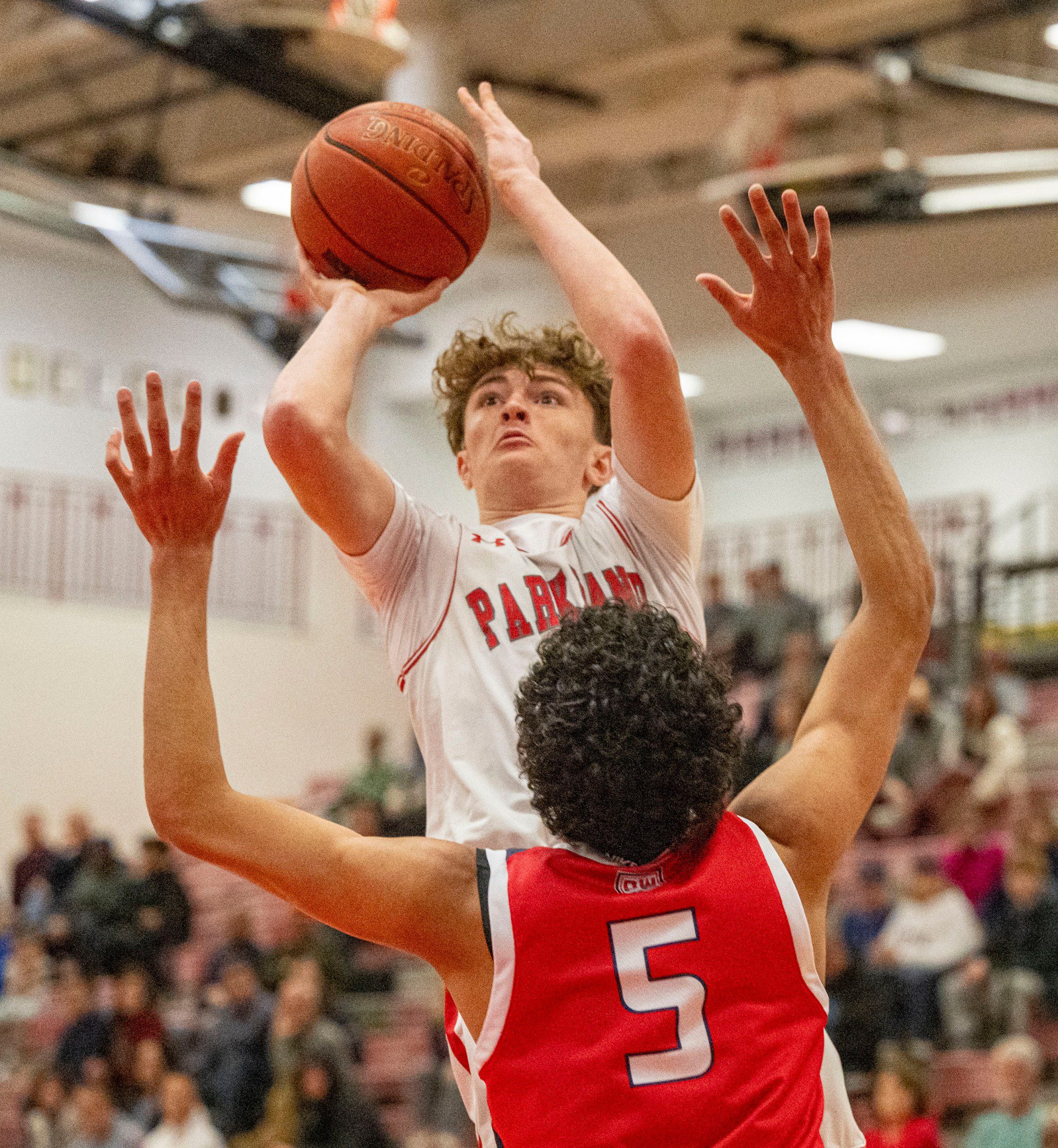 Parkland's Blake Nassry looks to score against Plymouth-Whitemarsh's Mani Sajid during a PIAA Class 6A first round game Saturday, March 9, 2024, at Parkland High School. (April Gamiz/The Morning Call)