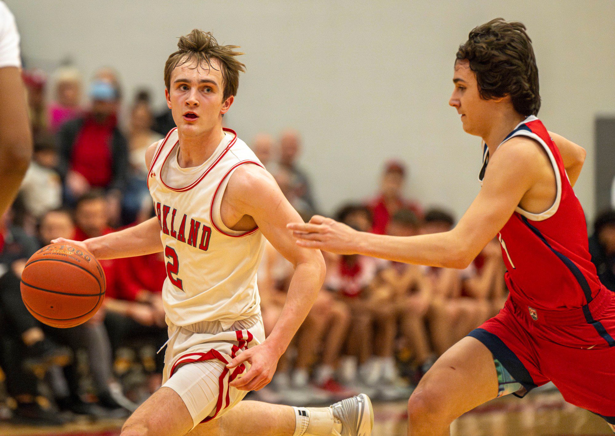 Parkland's Nick Coval drives up the court against Plymouth-Whitemarsh's Jack Hayes during a PIAA Class 6A first round game Saturday, March 9, 2024, at Parkland High School. (April Gamiz/The Morning Call)