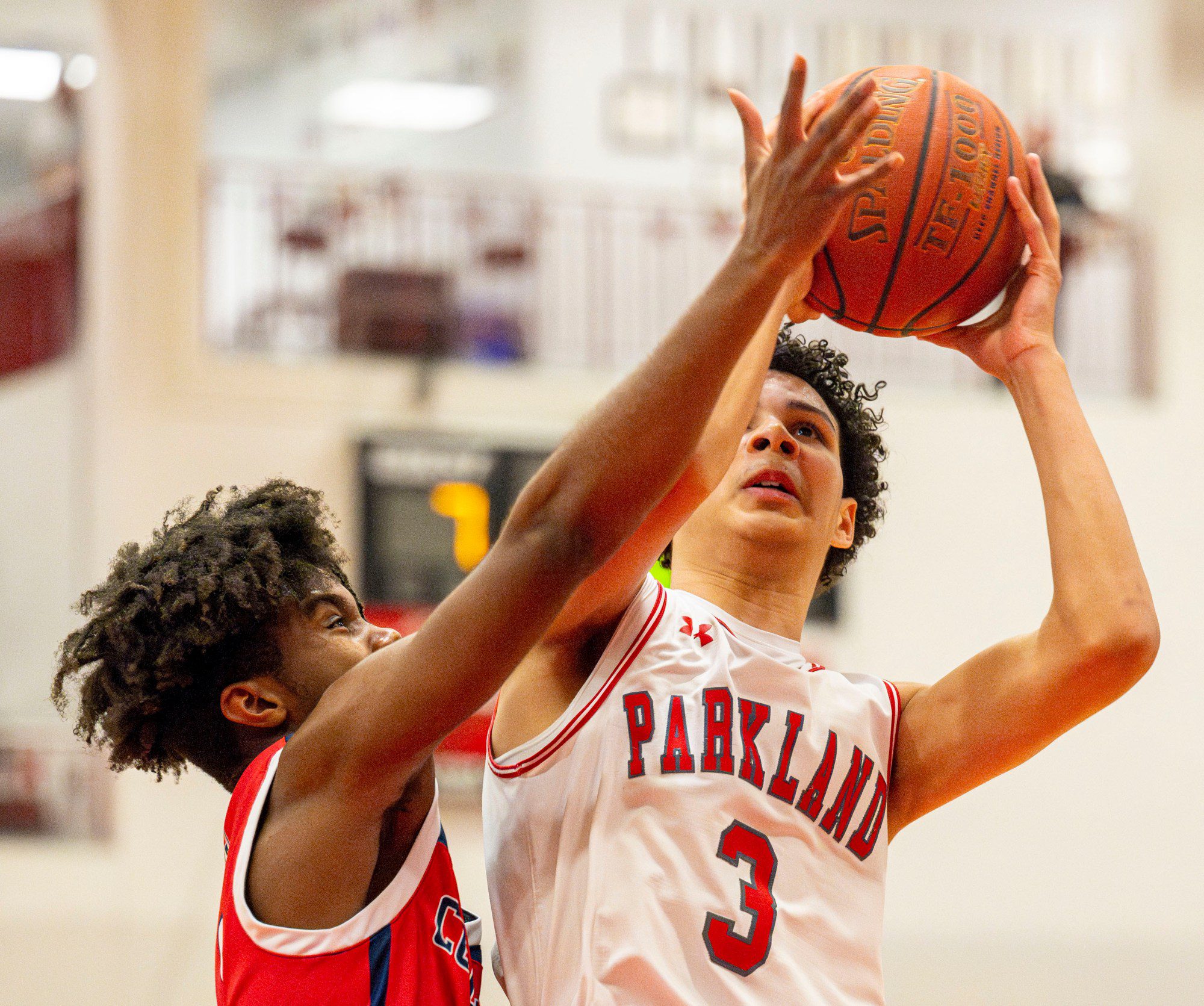 Parkland's Jayden Thomas looks to score against Plymouth-Whitemarsh's Jaden Colzie during a PIAA Class 6A first round game Saturday, March 9, 2024, at Parkland High School. (April Gamiz/The Morning Call)