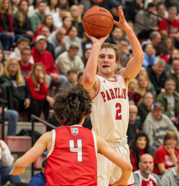 Parkland's Nick Coval looks to score against Plymouth-Whitemarsh's Jack Hayes during a PIAA Class 6A first round game Saturday, March 9, 2024, at Parkland High School. (April Gamiz/The Morning Call)