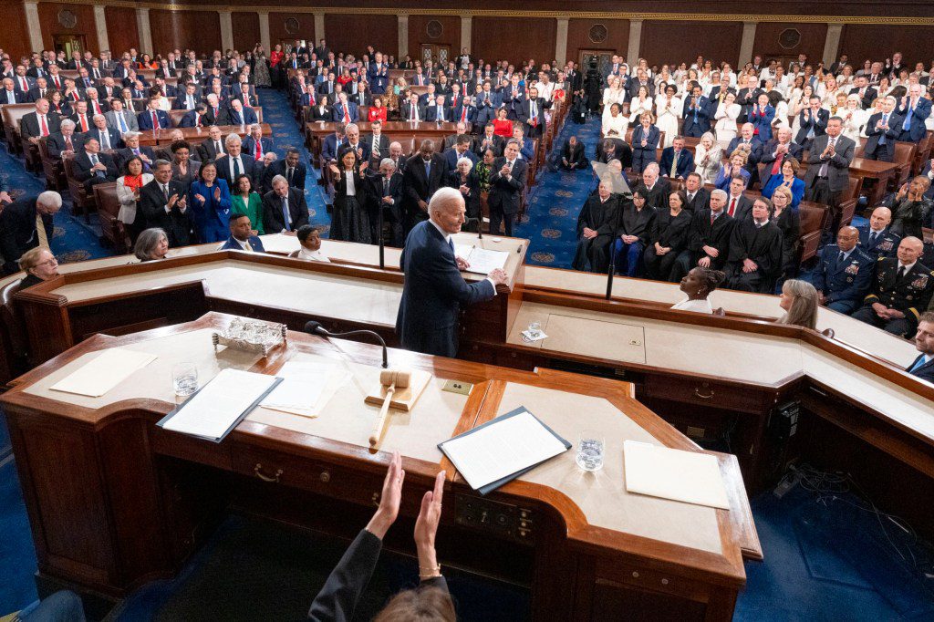 WASHINGTON, DC - MARCH 7: U.S. Vice President Kamala Harris applauds as President Joe Biden delivers the annual State of the Union address before a joint session of Congress in the House chamber at the Capital building on March 7, 2024 in Washington, DC. This is Biden's final address before the November general election. (Photo by Alex Brandon-Pool/Getty Images)