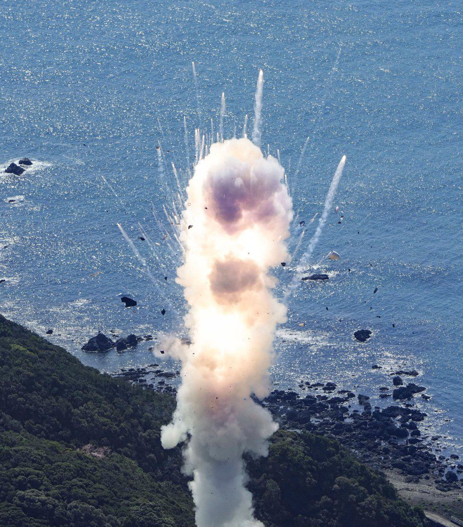 Space One's Kairos rocket explodes after liftoff from a launch pad in Kushimoto, Wakayama prefecture, western Japan, Wednesday, March 13, 2024. (Kyodo News via AP)