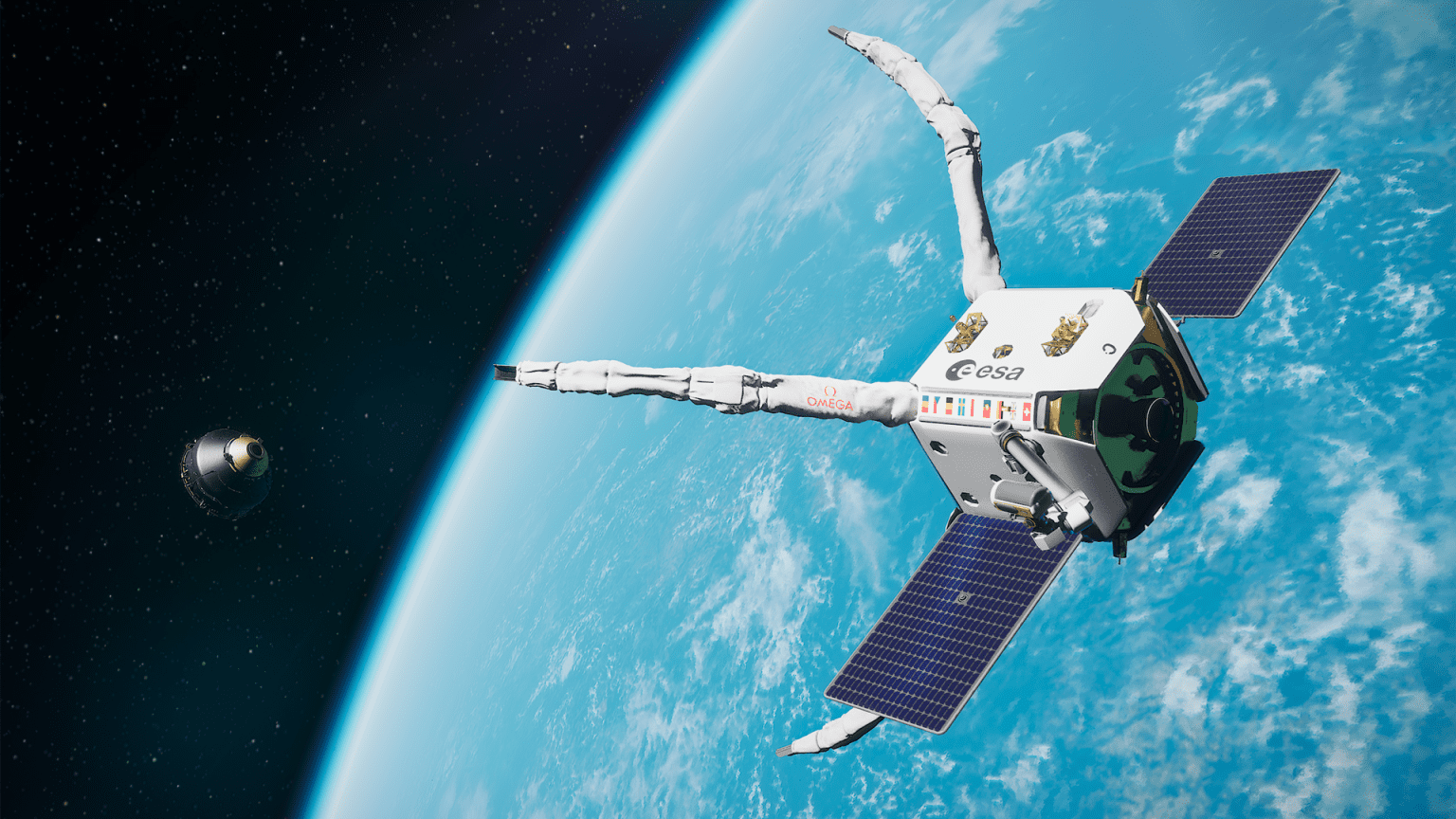 – artistic impression of the servicer clearspace 1 approaching a space debris object vespa during the clearspace 1 mission to take place in 2026 2023 clearspace