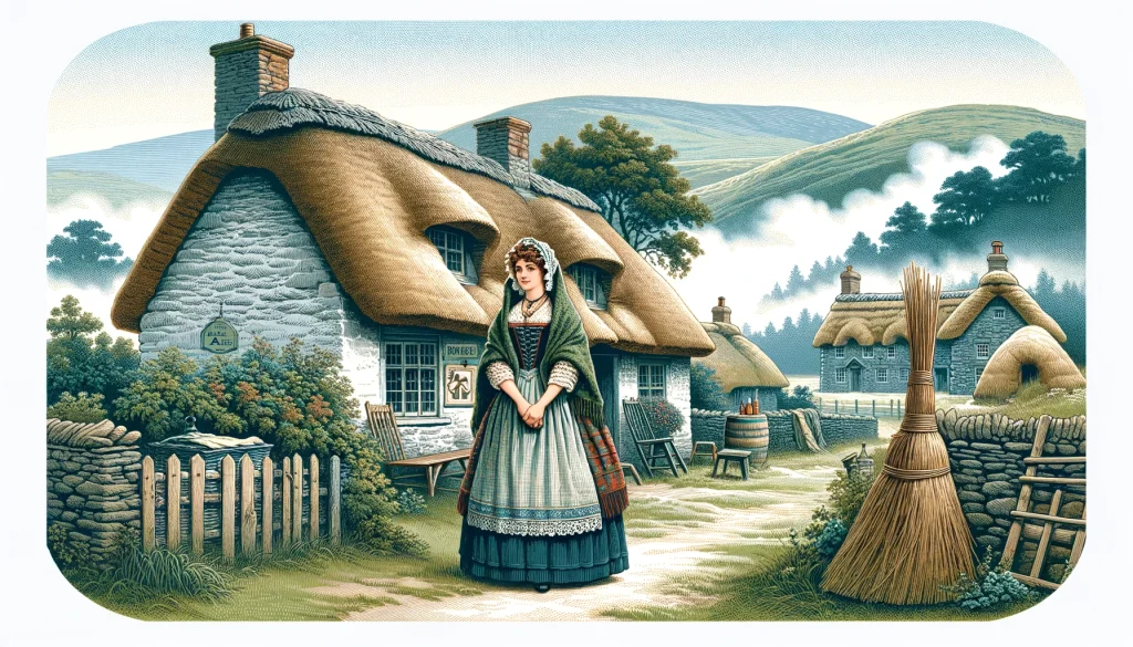 – dalle 2024 04 22 17 22 24 a picturesque welsh village during the early modern period with thatched roof cottages and a misty background in the foreground a welsh woman dress