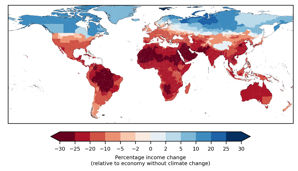 Projected income changes in 2049 compared to an economy without climate change. Income changes are committed in the sense that they are caused by historical emissions. Credit: Maximilian Kotz.