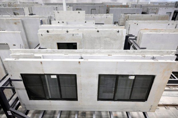 Finished walls are stored at Onx's Pompano Beach factory on Thursday, April 4, 2024. The company says its prefabricated homes can withstand 175 MPH winds. (Amy Beth Bennett / South Florida Sun Sentinel)