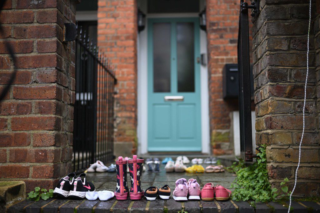 UNITED KINGDOM, London: 9 April 2024 Children shoes representing children killed in Gaza are put in front of the house belonging to Sir Keir Starmer. Youth Demand target the house of Labour leader Sir Keir Starmer this morning. The new youth resistance group are campaigning for a two way arms embargo on Israel and an end to new oil and gas drilling. Rishi Sunak is seeking to halt demonstrations outside MPs? homes after telling senior police officers that the UK is descending into ?mob rule?. One of the protesters was the same man who was arrested on Chiswick Bridge during the annual Boat Race a few weeks ago. Credit: Maciek Musialek / Story Picture Agency