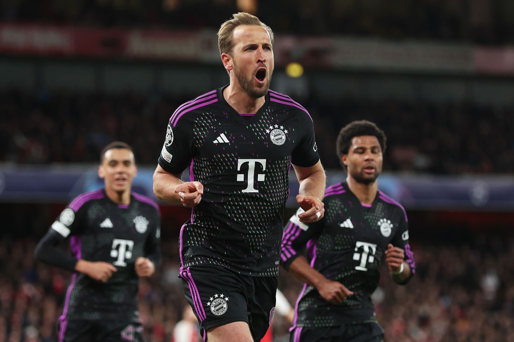 Harry Kane celebrates scoring a goal for Bayern Munich in the Champions League