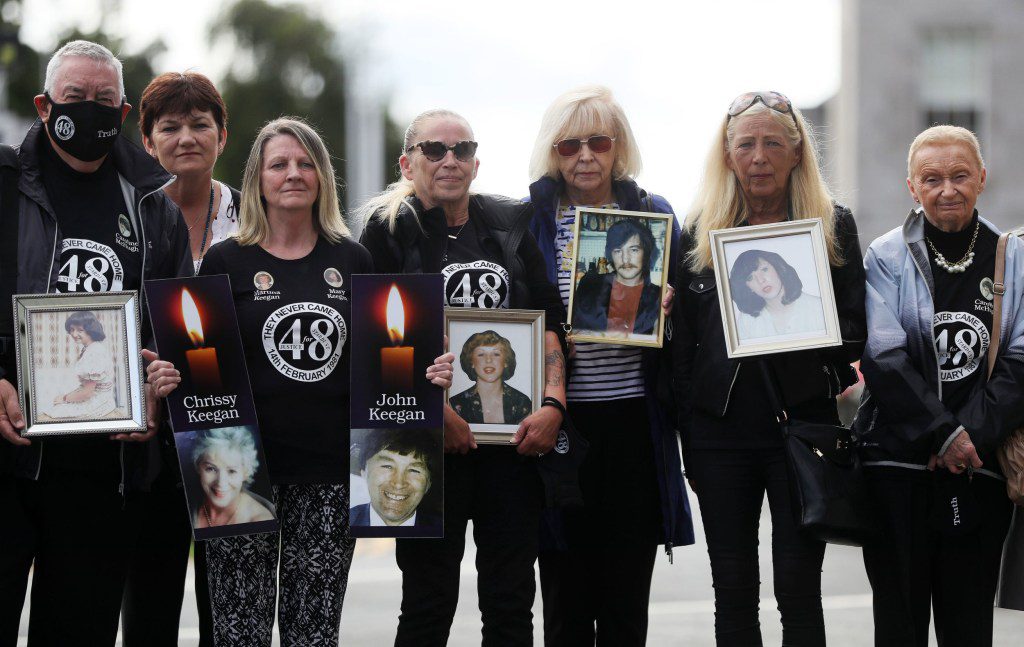 Family members of some of the victims of the Stardust disaster outside the Coroner's Court at the RDS, Dublin, ahead of the start of the fifth pre-inquest hearing into the blaze at the Dublin nightclub over twenty years ago. Picture date: Wednesday July 28, 2021. PA Photo. The inquest into the blaze at the Stardust nightclub in Artane in Dublin's Northside on Valentine's Day in 1981, in which 48 young people died begun today following a renewed campaign by families and survivors. See PA story IRISH Stardust. Photo credit should read: Brian Lawless/PA Wire