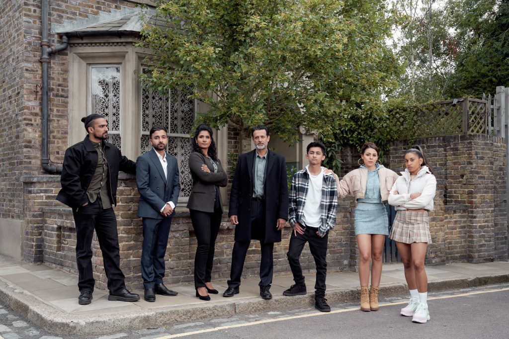 Ravi's new family in EastEnders consiting of Vinny, Suki, Nish, Nugget, Priya and Avani