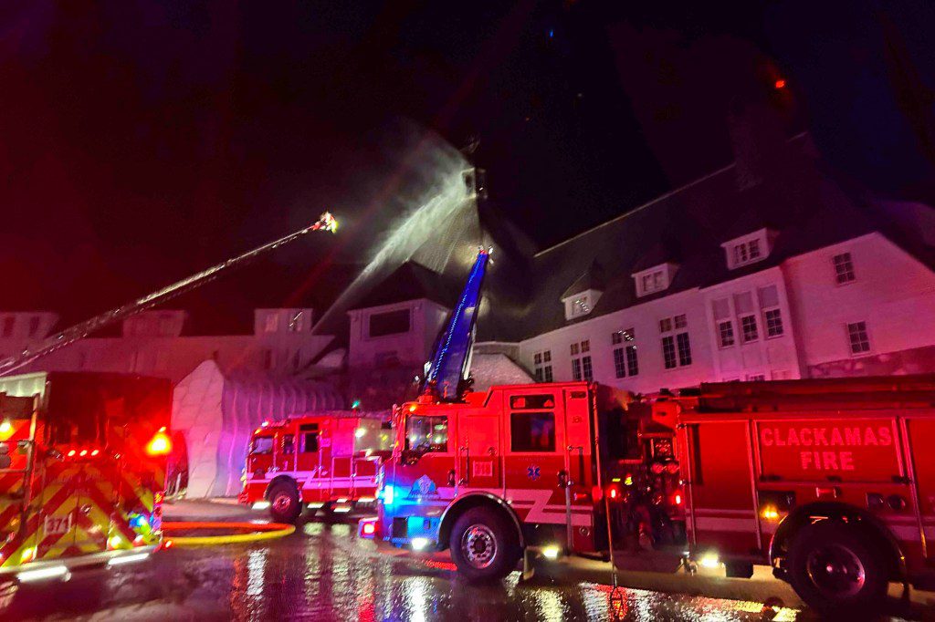 Firefighters extinguish a fire at Oregon's historic Timberline Lodge form The Shining