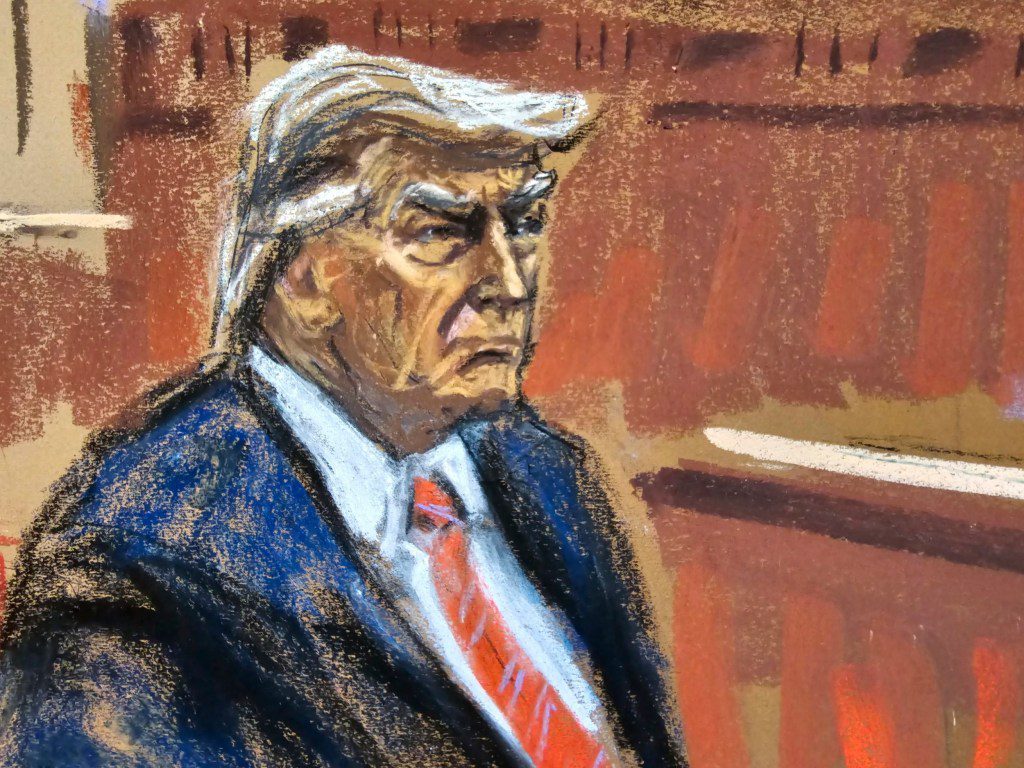 Former U.S. President Donald Trump sits as final jurors are sworn in during his criminal trial on charges that he falsified business records to conceal money paid to silence porn star Stormy Daniels in 2016, in Manhattan state court in New York, Friday, April 19, 2024, in this courtroom sketch. (Jane Rosenberg via AP, Pool)