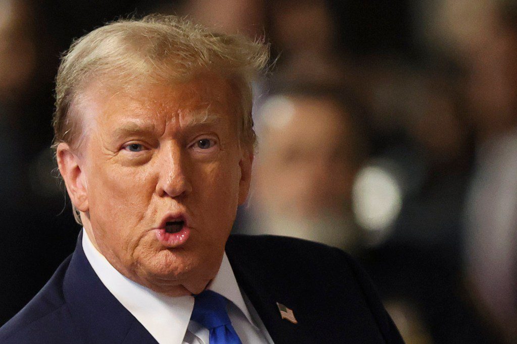 Former President Donald Trump speaks to the media as his trial continue at Manhattan criminal court in New York on Thursday, April 18, 2024. (Brendan McDermid/Pool Photo via AP)