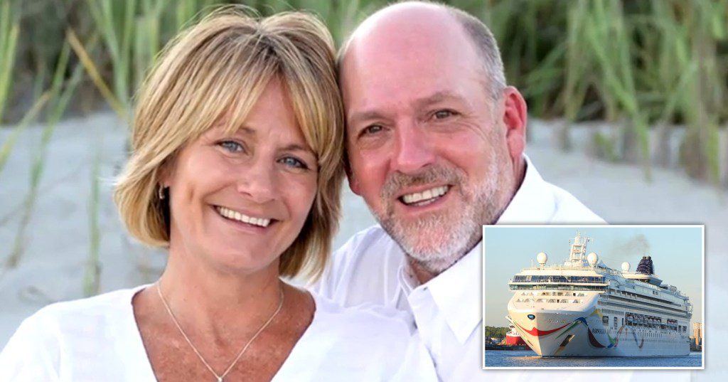 Jay and Jim Campbell smiling next to a picture of the Norwegian Dawn cruise ship.