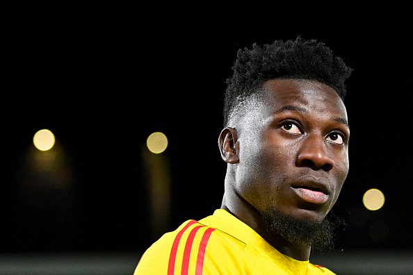 Andre Onana looks at the fans during a Premier League match for Manchester United