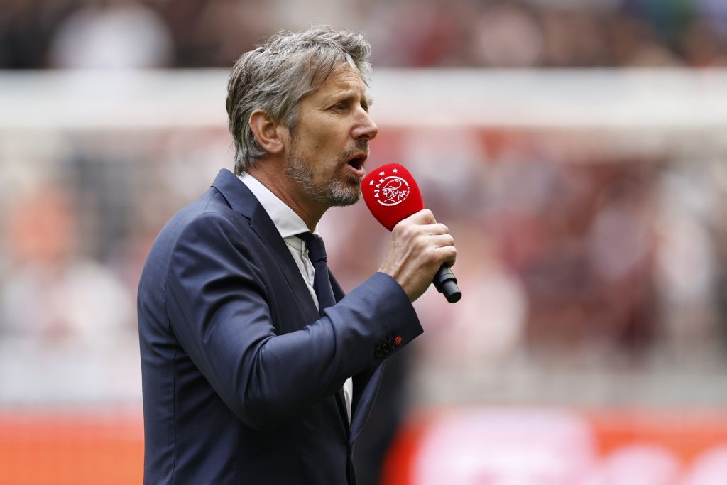 Former Manchester United goalkeeper Edwin van der Sar addresses the Ajax fans