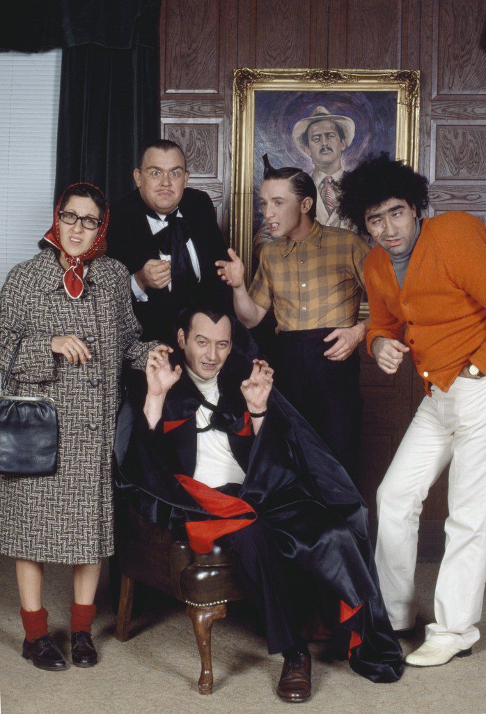 Joe Flaherty in SCTV alongside Andrea Martin, John Candy, Martin Short and Eugene Levy 