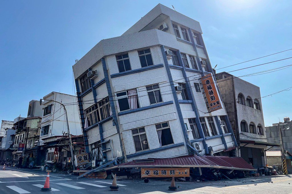 This photo taken by Taiwan's Central News Agency (CNA) on April 3, 2024 shows a damaged building in Hualien, after a major earthquake hit Taiwan's east. A major 7.4-magnitude earthquake hit Taiwan's east on the morning of April 3, prompting tsunami warnings for the self-ruled island as well as parts of southern Japan and the Philippines. (Photo by CNA / AFP) / Taiwan OUT - China OUT - Macau OUT / Hong Kong OUT RESTRICTED TO EDITORIAL USE (Photo by -/CNA/AFP via Getty Images)