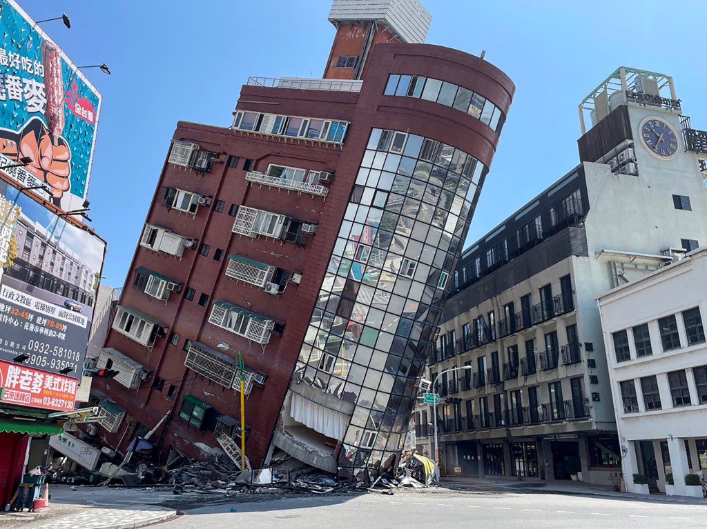 This photo taken by Taiwan's Central News Agency (CNA) on April 3, 2024 shows a damaged building in Hualien, after a major earthquake hit Taiwan's east. At least one person was feared dead and nearly 60 injured on April 3 by a powerful earthquake in Taiwan that damaged dozens of buildings and prompted tsunami warnings that extended to Japan and the Philippines before being lifted. (Photo by CNA / AFP) / China OUT - Macau OUT - Taiwan OUT / HONG KONG OUT - RESTRICTED TO EDITORIAL USE (Photo by -/CNA/AFP via Getty Images)