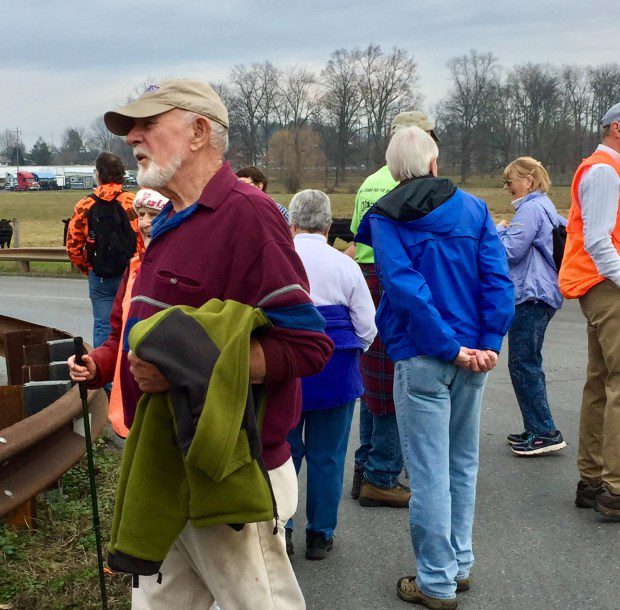 The late Dr. John M. Sellers, in foreground wearing baseball cap, on a hike in the Oley Valley, Berks County, with the Berks Community Hiking Club. (Courtesy of Nancy Sellers)