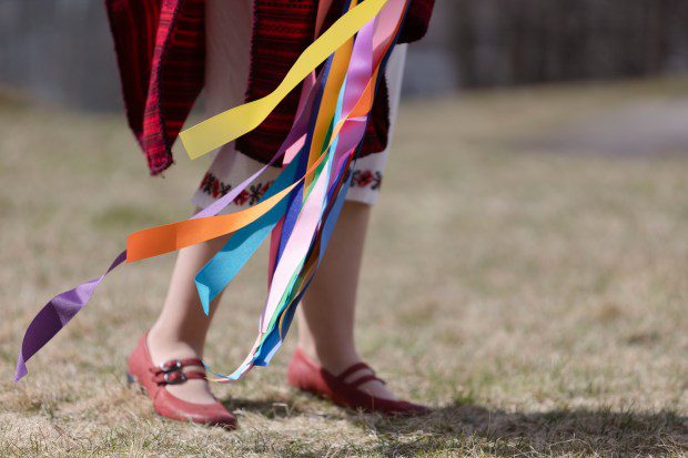 Maypole ribbons blow in the breeze during the Ukrainian Easter celebration at Christ the King Ukrainian Catholic Church in Jamaica Plain, Sunday. (Libby O'Neill/Boston Herald)