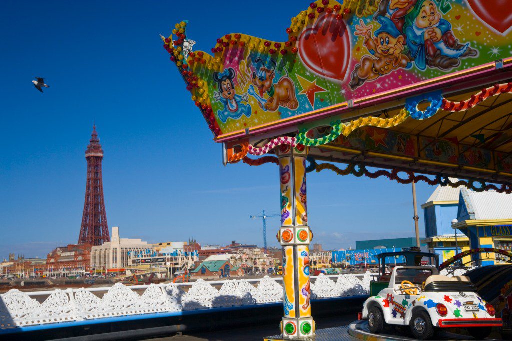 Dodgems and Blackpool Tower, Pleasure Beach Blackpool, Blackpool, Lancashire, England, UK