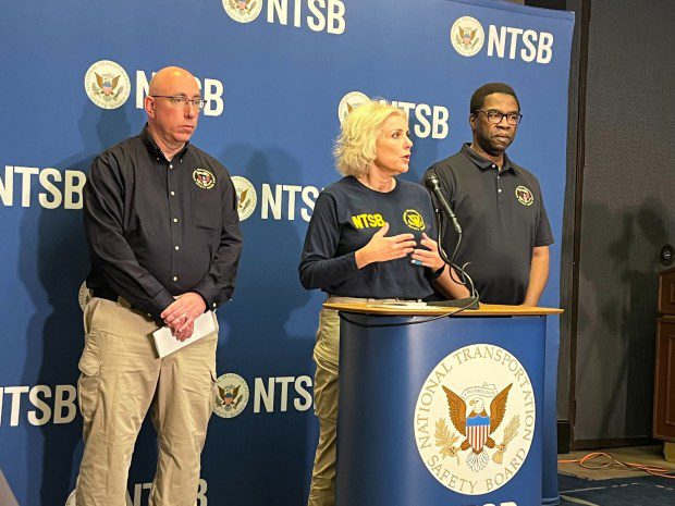 National Transportation Safety Board Chair Jennifer Homendy, center, is flanked by lead investigator Marcel Muise, left, as she briefs the media on March 27 about cargo ship crash that downed Baltimore's Francis Scott Key Bridge. (Alex Mann/Staff)