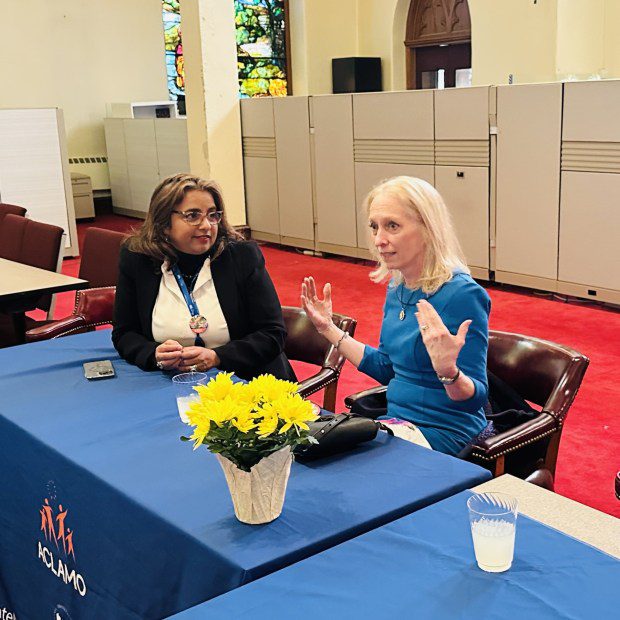 ACLAMO CEO and Executive Director Nelly Jiménez, left, and U.S. Rep. Mary Gay Scanlon, D-5th Dist. are pictured during a March 29, 2024 visit highlighting a $1 million grant awarded to the Norristown-based nonprofit for renovation efforts related to its new community center. (Photo courtesy ACLAMO)