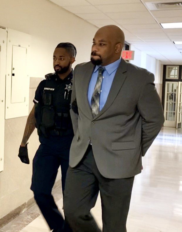 Parnell Glover is escorted by a deputy sheriff from a Montgomery County courtroom on April 2, 2024 during a break at his attempted homicide trial. (Photo by Carl Hessler Jr. - MediaNews Group)