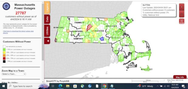 More than 27,000 residents were without power Thursday morning as a spring nor'easter whipped across the state. (Screenshot, MEMA)