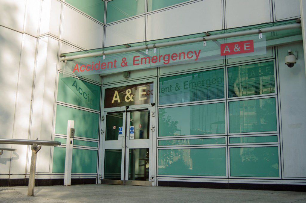 Pedestrian entrance to the Accident and Emergency Unit at University College Hospital as viewed from the pavement on the Euston Road.